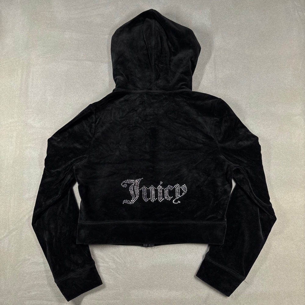 Juicy Couture Vintage Y2K Black Velour Rhinestone Logo Cropped Zip Hoodie Large